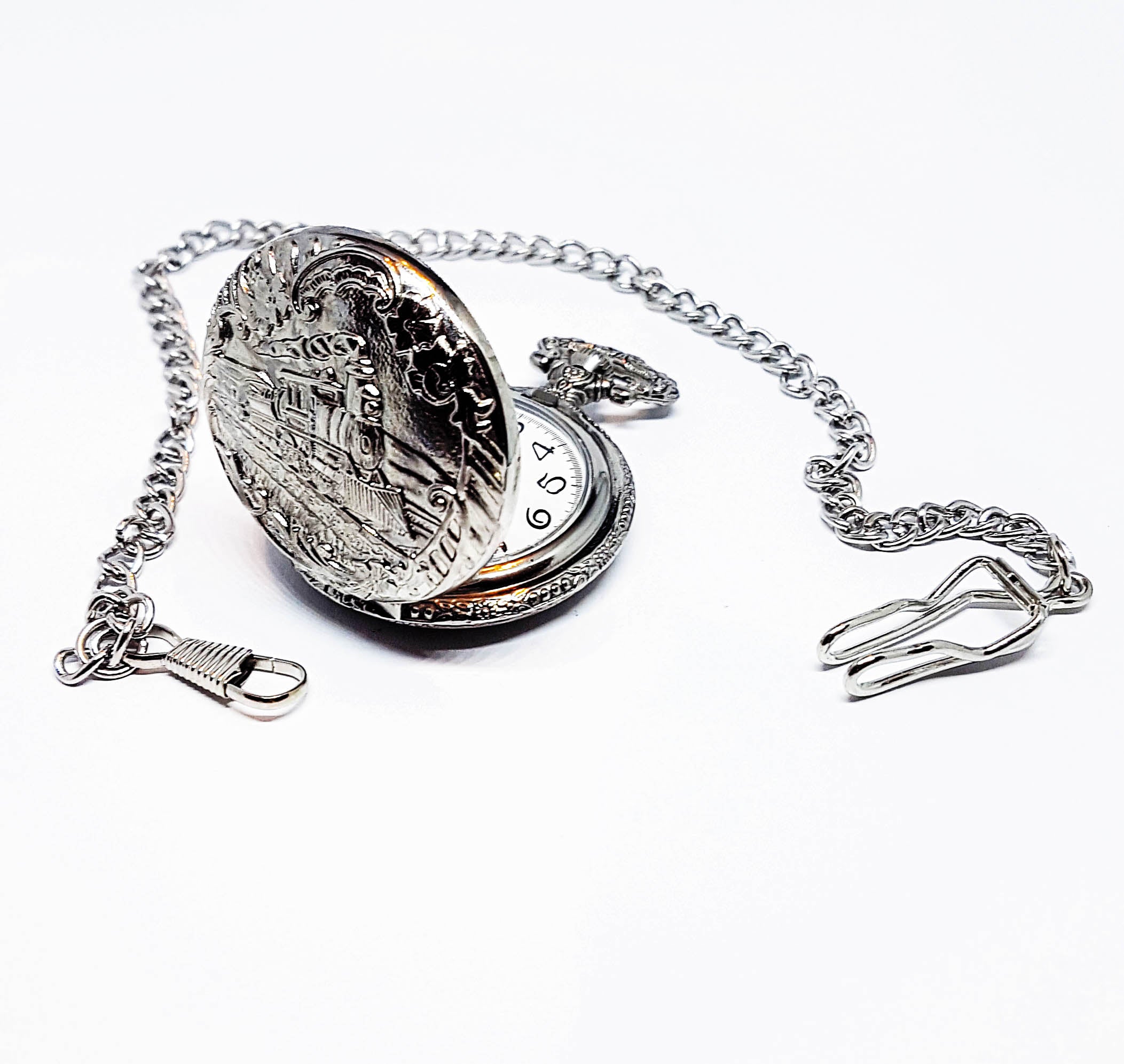 20180204_005427.jpg Vintage Train Pocket Watch | Silver-tone Elegant Railroad Watch - Image 1