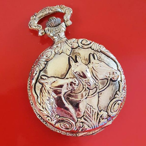 20210910_175509.jpg Saxon Gold-tone Stallion Pocket Watch | Vintage Hunter Pocket Watch - Image 1