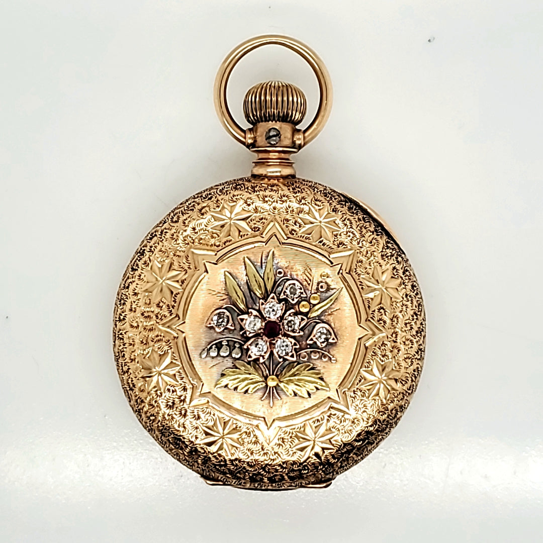 506-00548.jpg 1886-1887 14Kt Yellow Gold Diamond And Ruby Waltham Hunters Case Pocket Watch - Image 1