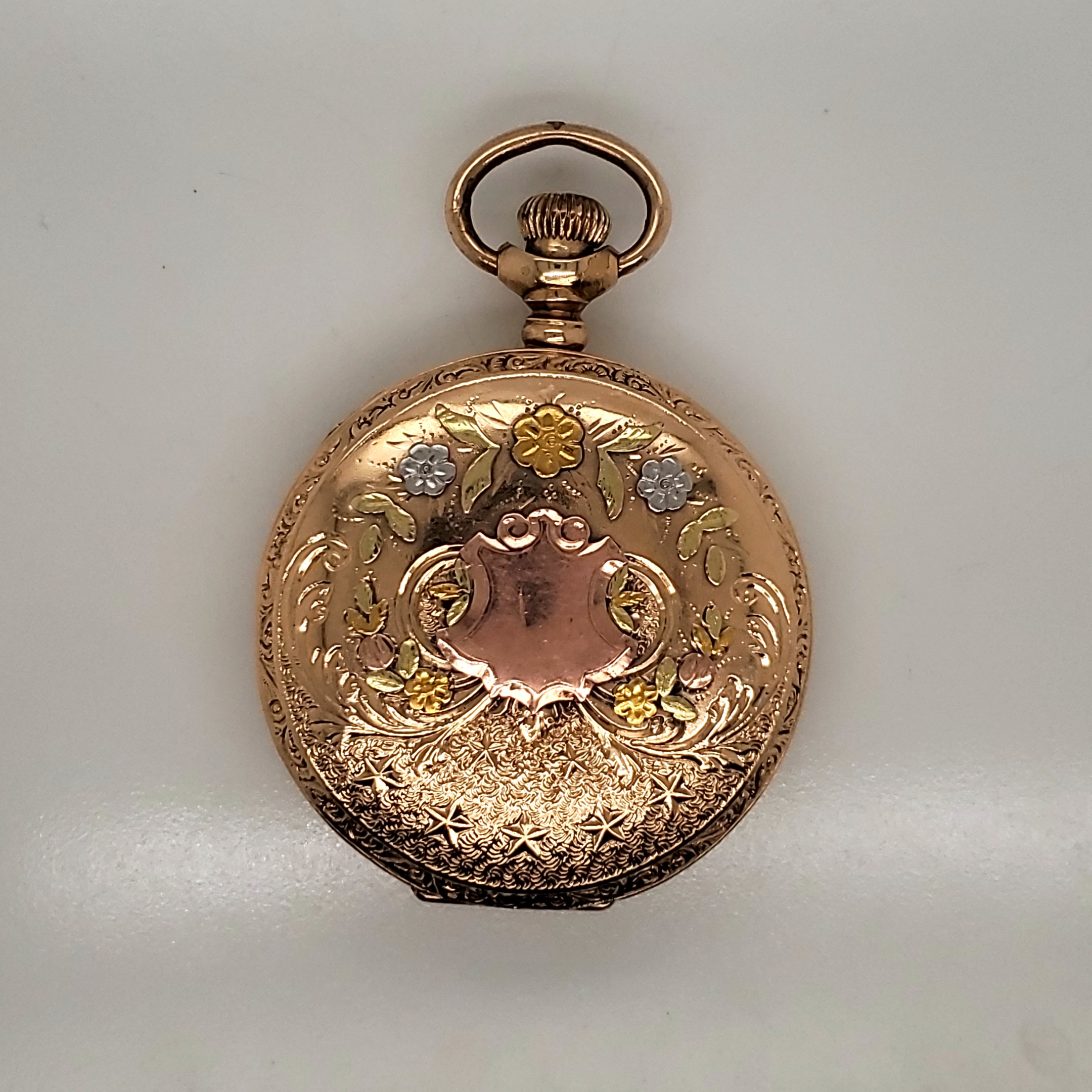 506-00586.png 1909 Elgin Gold Filled Three Color Gold Hunters Case Pocket Watch - Image 1