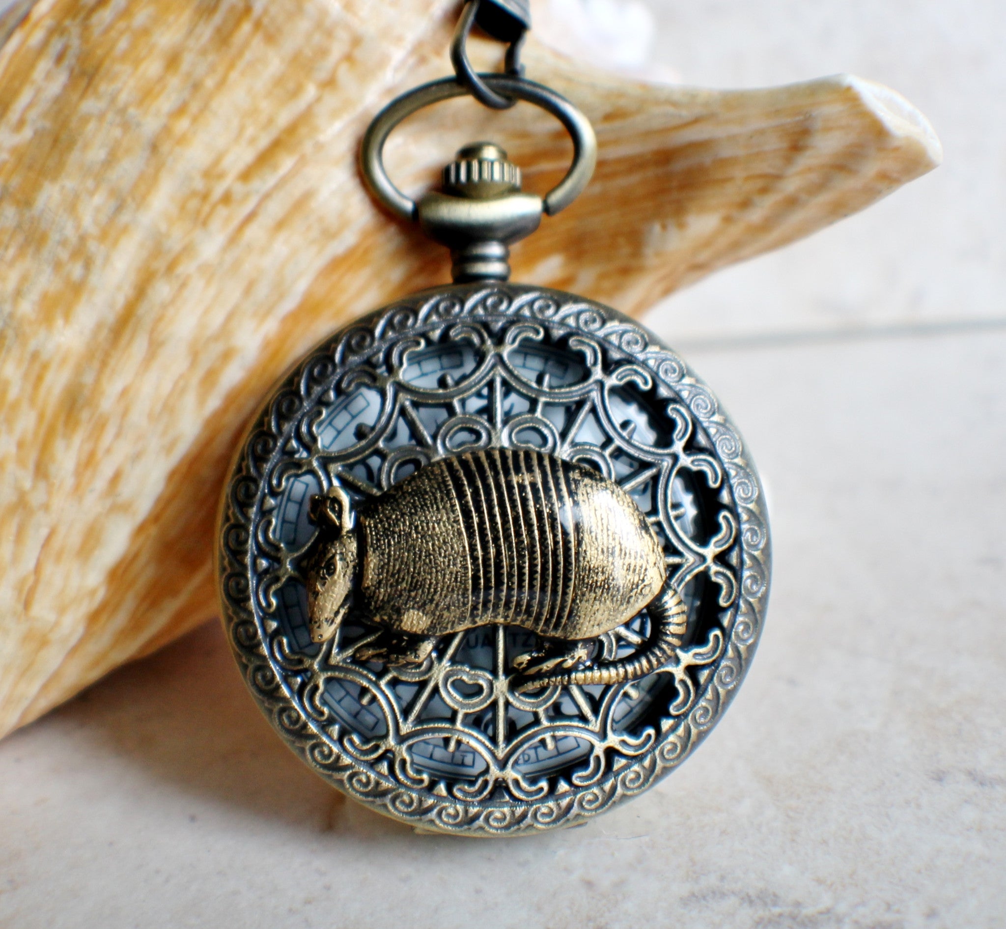 IMG_2353.jpg Armadillo pocket watch, mens pocket watch with armadillo mounted on front case - Image 1