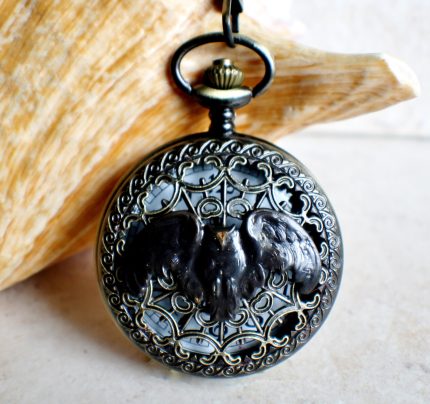 Owl pocket watch, mens pocket watch with flying owl mounted on front case