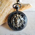 Bronze lion pocket watch, mechanical pocket watch in black.