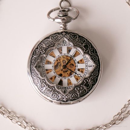 Vintage Skeleton Dial Mechanical Pocket Watch | Silver-tone Vest Watch