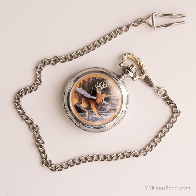 IMG_8346_68717cb3-c94b-4b44-9a4b-3a4e17269877.jpg Vintage Stag Pocket Watch | Silver-tone Nature Pocket Watch - Image 1
