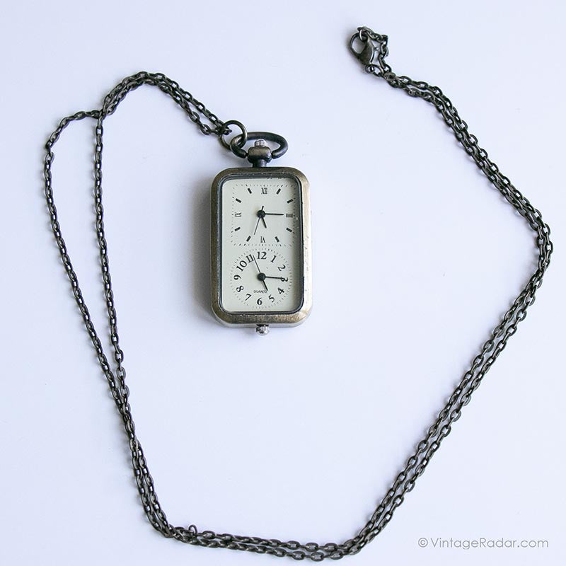 IMG_8592_ff6e7726-6f15-4a65-9c96-7520da17c222.jpg Vintage Rectangle Pocket Watch | Gold-tone Double Dial Pocket Watch - Image 1