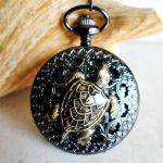 Sea turtle mechanical pocket watch in black