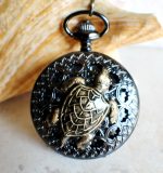 Sea turtle mechanical pocket watch in black