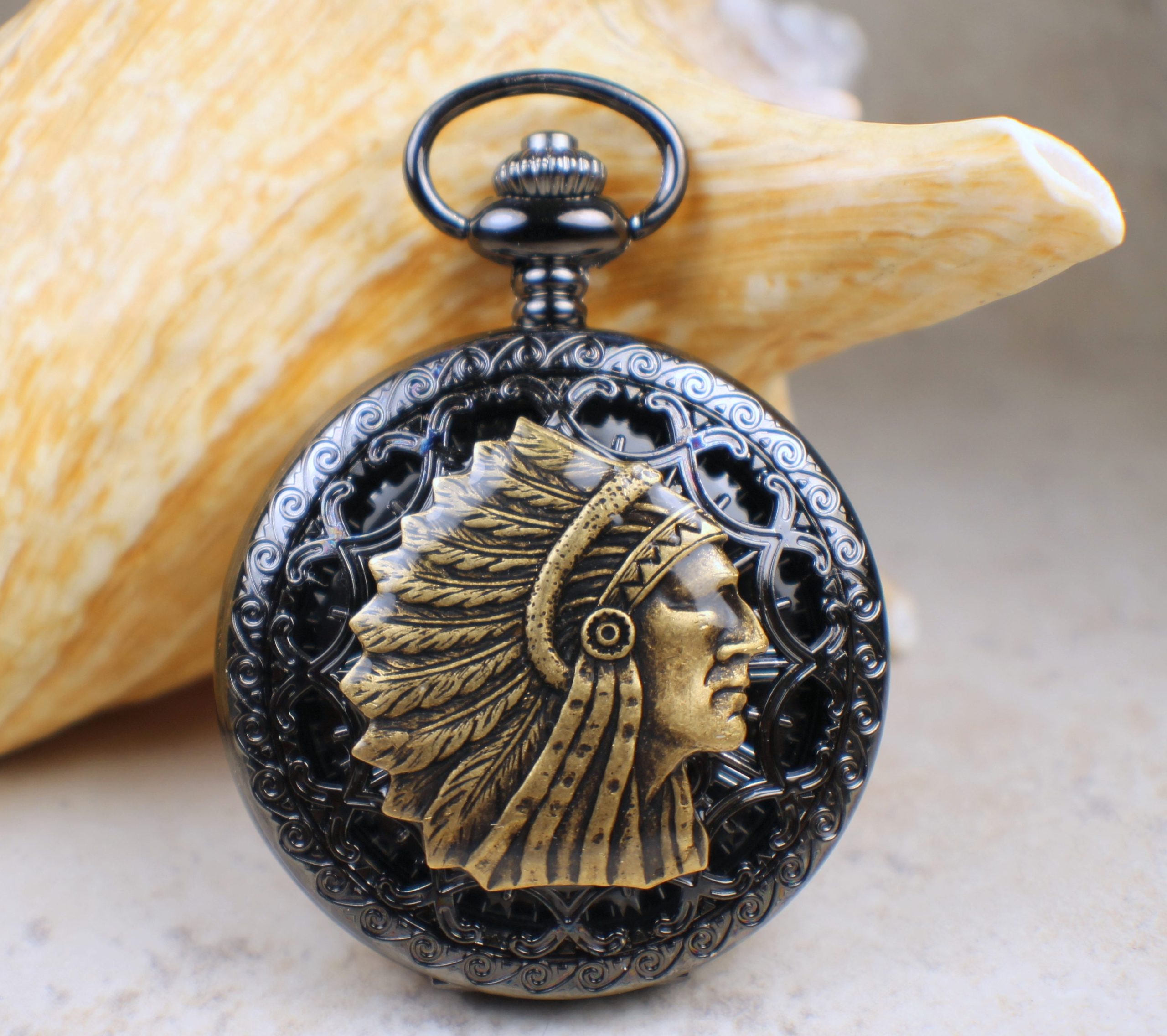 il_fullxfull.1308965422_moyb.jpg Indian Chief Black Pocket Watch - Image 1
