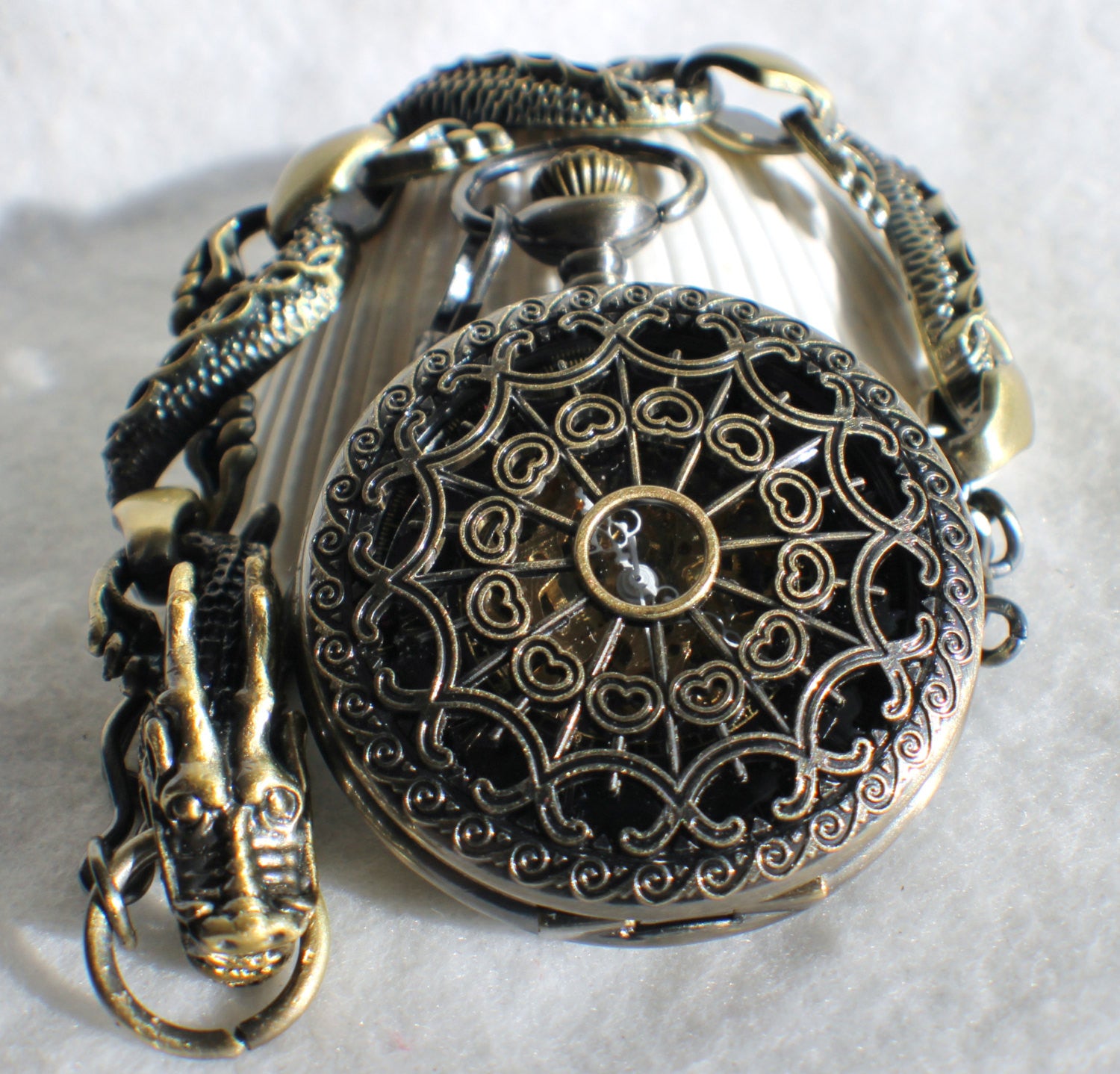il_fullxfull.680780105_f1mo_7f6bc287-a0f2-4ad9-833e-e551e52e9dc2.jpeg Bronze dragon pocket watch, men's mechanical pocket watch with dragon watch fob. - Image 1