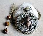 Bumble bee pocket watch,  men's bumble bee pocket watch with tiger eye beads on watch chain - Image 2
