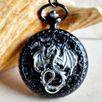 Silver dragon pocket watch, men's black pocket watch with silver dragon.